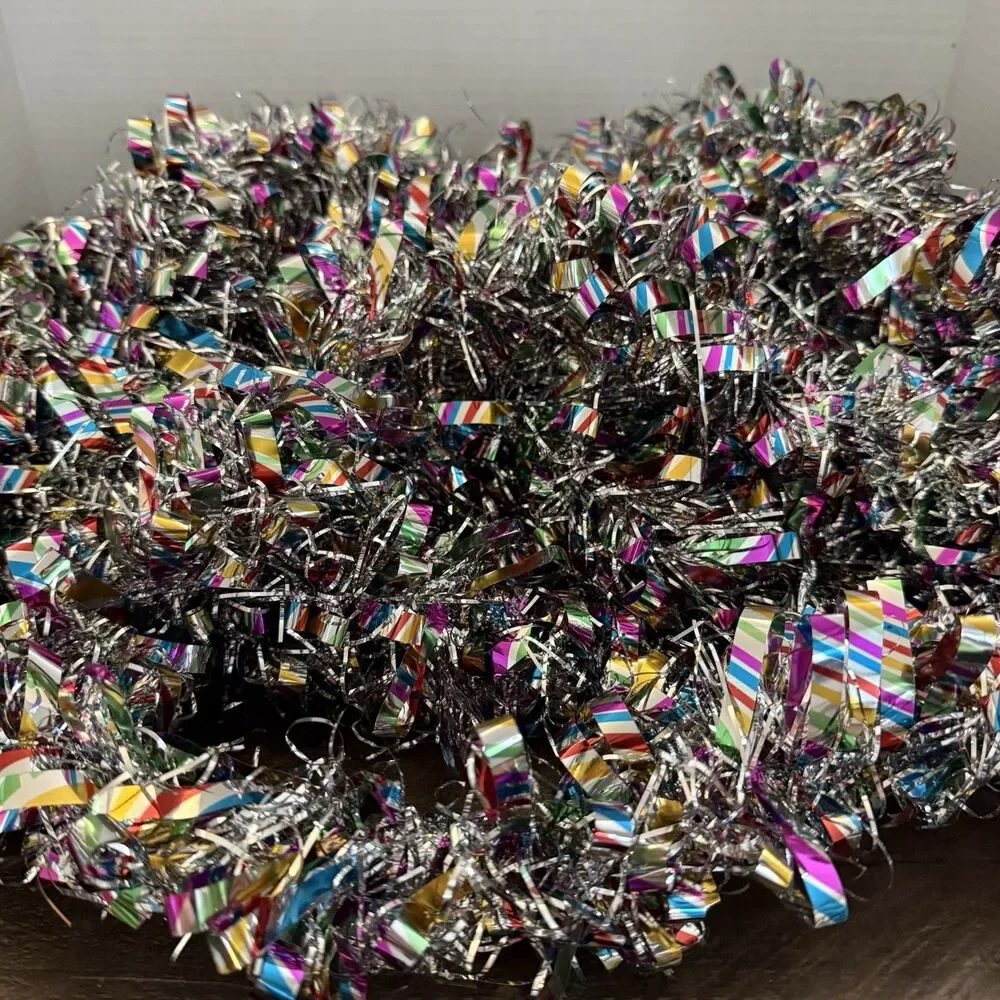 24 Ft Christmas Tinsel Garland Metallic Striped Twist Garland Glitter Silver